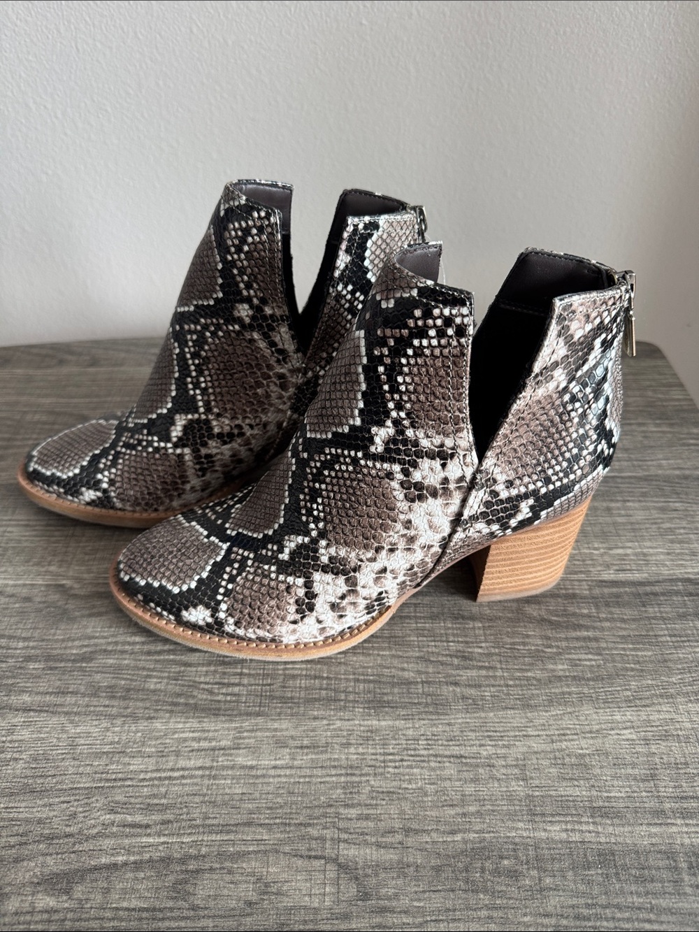 Snake-Print Ankle Booties in Taupe and Black